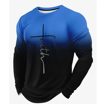 Men's T-Shirt Faith Color Block 3D Print Long Sleeve Tees Autumn New in Tops and T-Shirts Oversize Man Polyester Men's Clothing