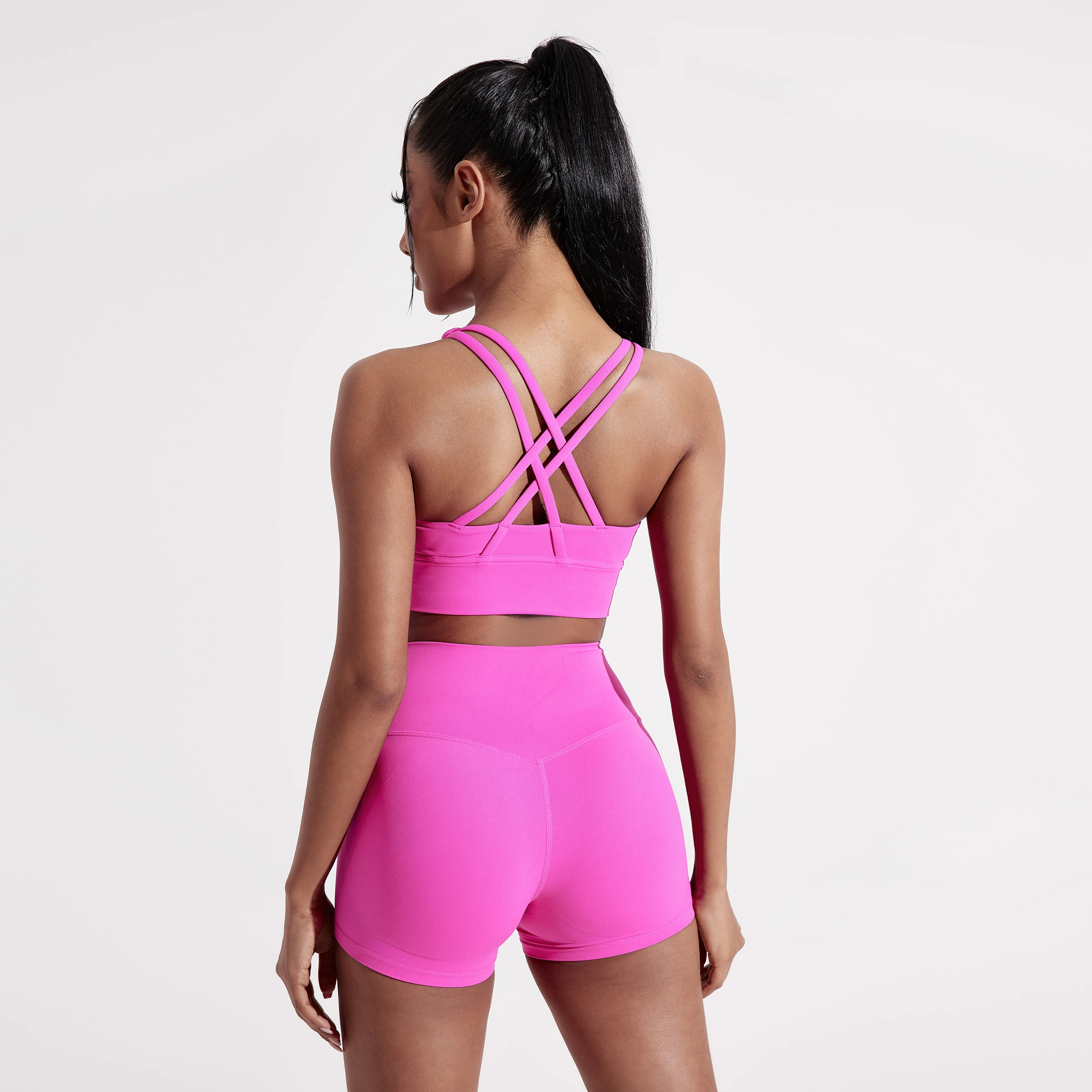Solid Color High impact shockproof Cross Back Sport Bra Gym Bike Yoga Set Short Legging + Athletic Women Gym Suit training wear