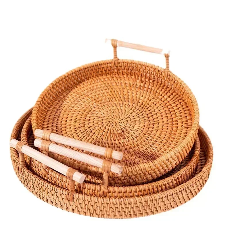 Handwoven Rattan Serving Tray with Double Handles, Multipurpose Snack Bread Platter for Tea Party Kitchen Home Decor 2