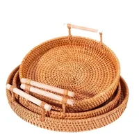 Handwoven Rattan Serving Tray with Double Handles, Multipurpose Snack Bread Platter for Tea Party Kitchen Home Decor 2