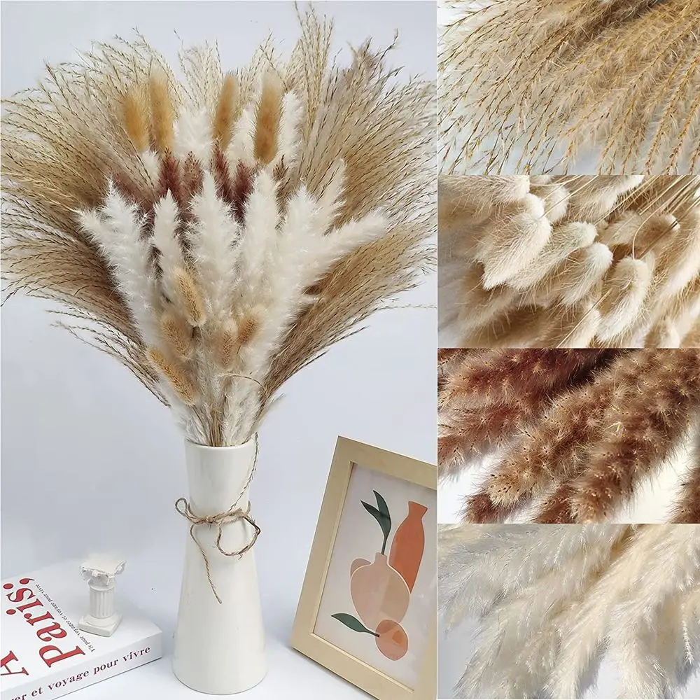 

Fluffy Pampas Grass Bouquet 80pcs Dried Flowers Set Boho Home Decor Pompous Large Reed Bunny Tail Wheat Stalk Decorative