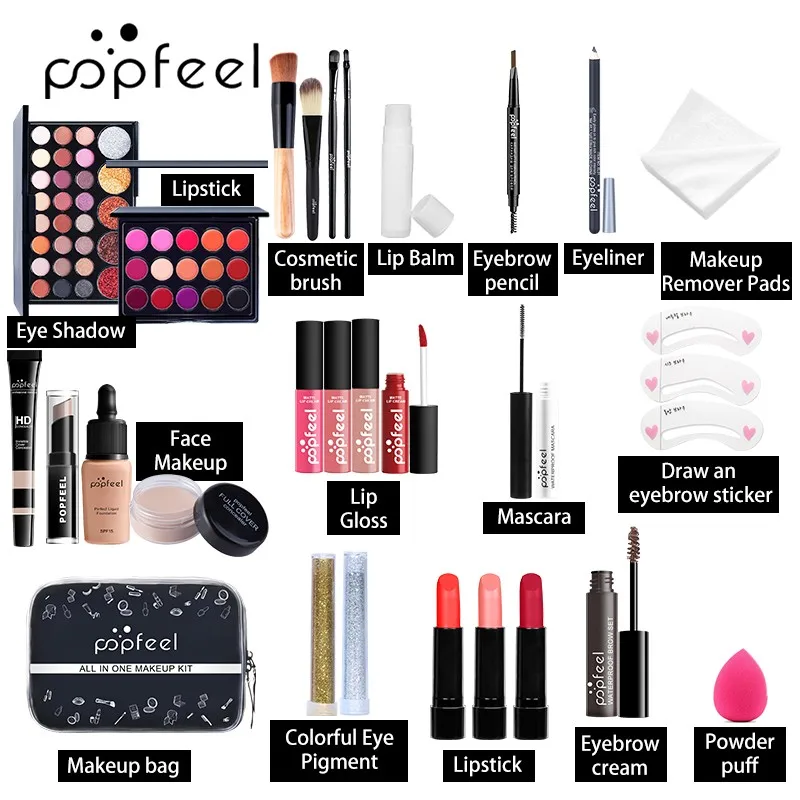 Makeup Kit Set with Eyeshadow Palette Lip Gloss Liquid Lipstick Makeup Sponge Foundation Concealer Eyebrow makeup kit