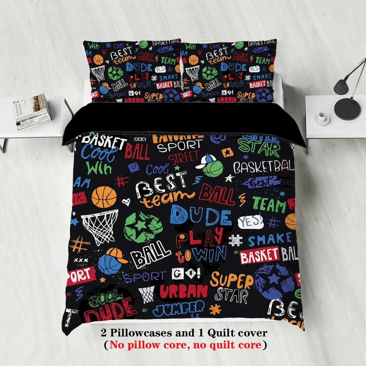 3-piece set, cartoon basketball pattern printed duvet set, queen, king, double bed, party  funny and creative bedding set