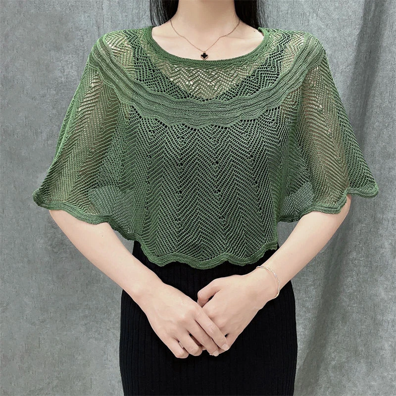 S740459ecf02d4fe794cc3e4940d5df29q Korean Ice Silk Hollow Knit Sunscreen Shawl Female Summer Air Conditioning Neck Protection Pullover Knit Blouse Women's Cape V35 Mallzona