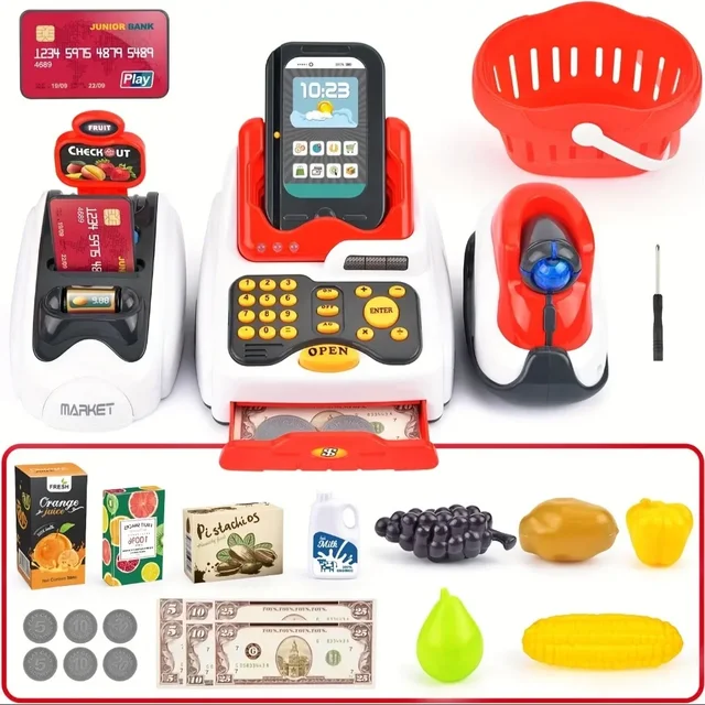 33PCS Toy Cash Register for Kids with Checkout Scanner Fruit Card Reader Credit Card Machine Play Money Food Shopping Play Set 2