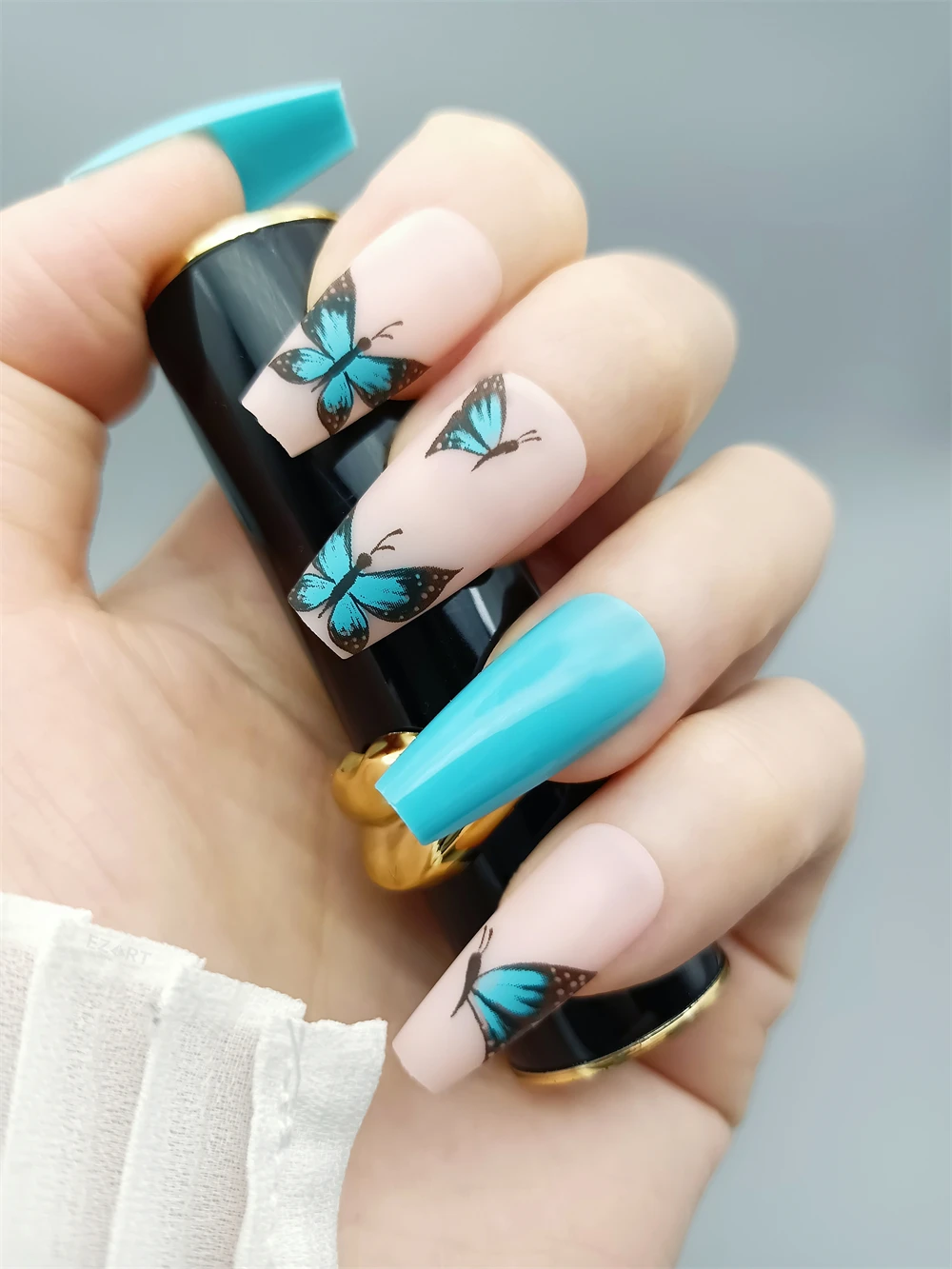 Spring Design False Nails With Butterfly Nail Art Blue Turquoise Press On  Nails Coffin Medium Length Nude Color For Summer 24pcs - False Nails -  AliExpress