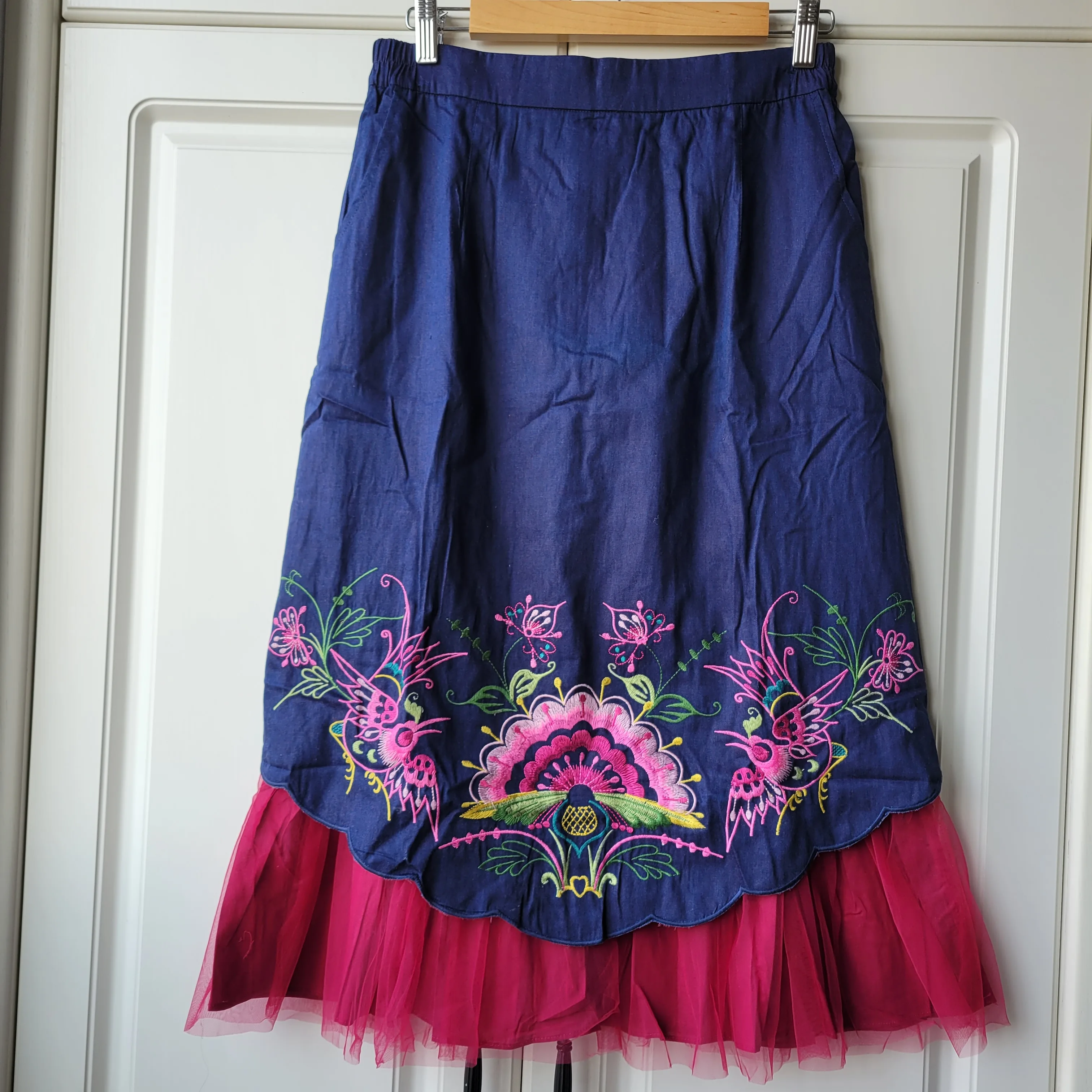 

Vintage clothes for women Blue 100% cotton long skirts Ethnic Embroidery high waist skirts fashion Lace womens skirt