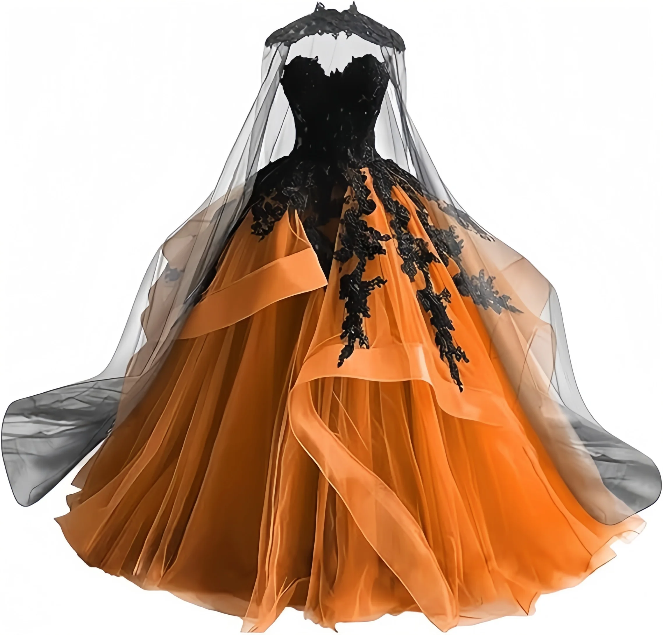 Abiti da sposa gotici vittoriani in tulle per la sposa Abiti da sposa in pizzo nero Abito da sposa gonfio senza spalline con mantello - immagine 4