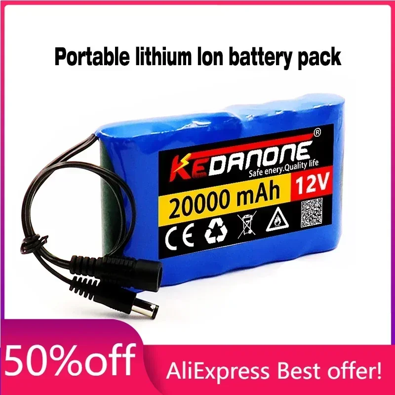 

12v 18650 20000mAh DC 12.6V 20Ah Li-Ion Battery with EU Plug 12.6v Charger and 1a DC Bus Header Cable