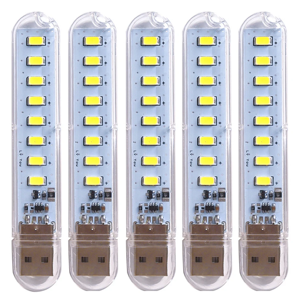 5pcs Portable USB Strip Light Mini Led Warm White Night Lights USB Plug Book Lamp Room Emergency Lighting for Power Bank PC