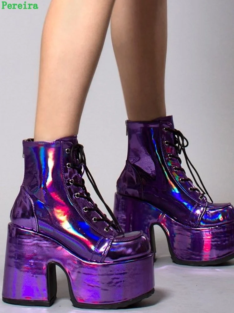 Shiny Purple Ankle Boots Women's 2024 New Arrival Platform Round Toe Chunky Heel Cross Straps Sexy Fashion Show Party Shoes