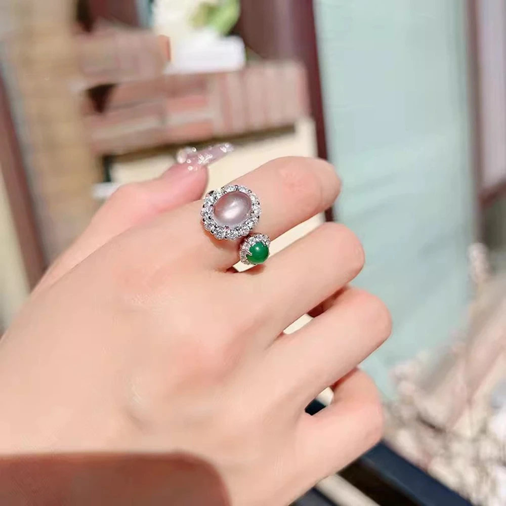 Vinregem 8*10MM Oval Natural Jade High Carbon Diamond Gemstone Vintage Open Ring for Women 100% 925 Sterling Silver Fine Jewelry