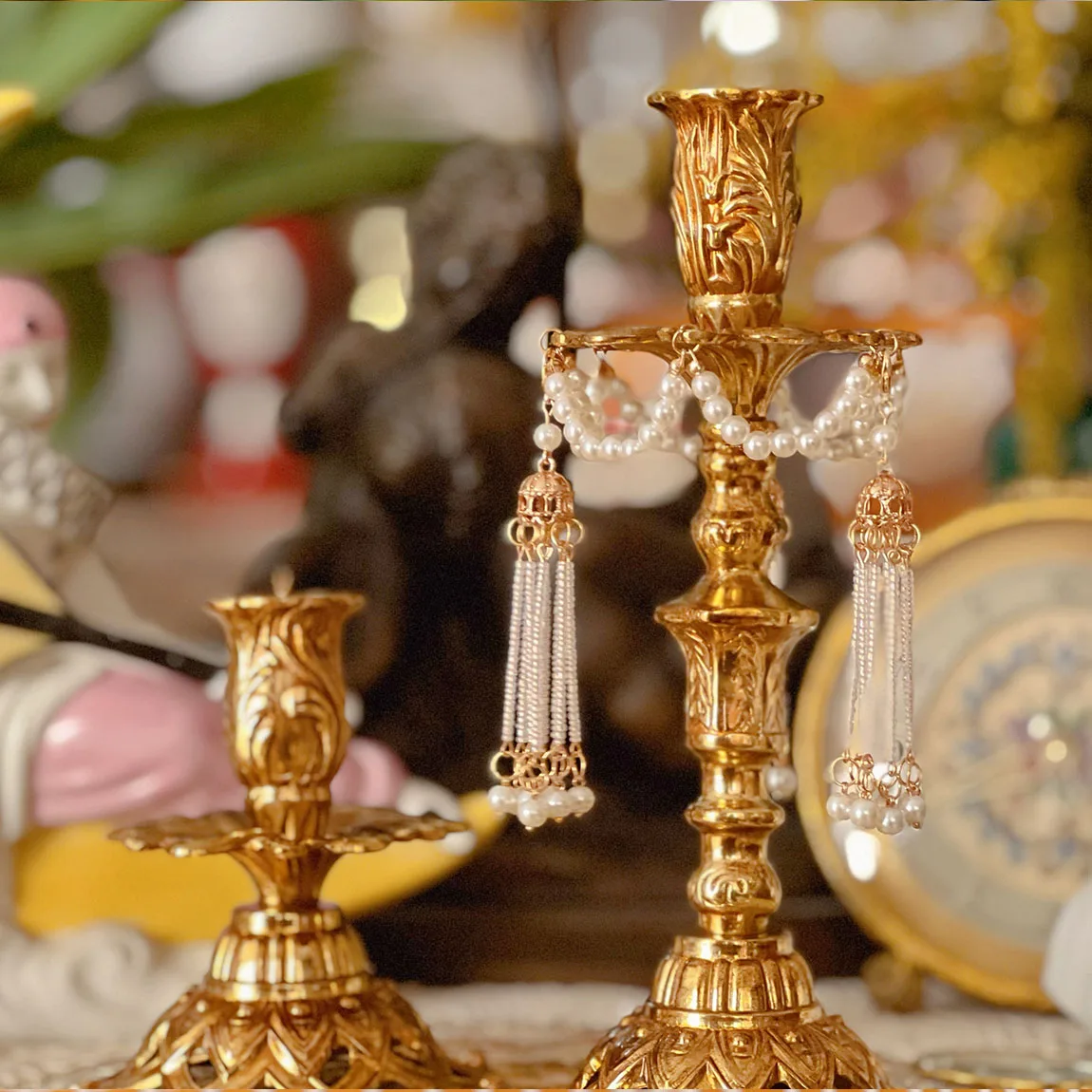 

French vintage brass carved candle holder candle home ornaments decorative dining table European shooting props