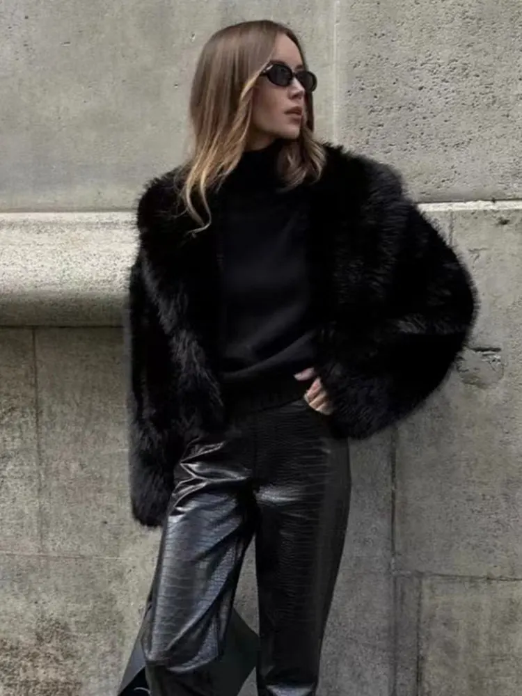 TRAF 2024 Winter Faux Fur Cropped Jacket Woman Plush Coat For Women Warm Jackets Fashion Women\'s New In Outerwears