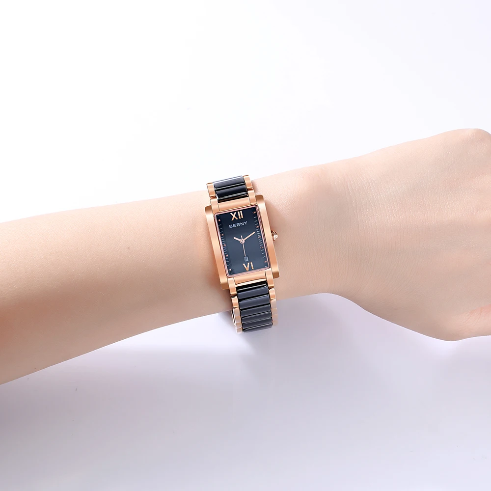 BERNY damskie zegarki prostokątny luksusowy mody zegarek ceramiczny dla pań elegancka bransoletka wodoodporny kwarcowy zegarek górny
