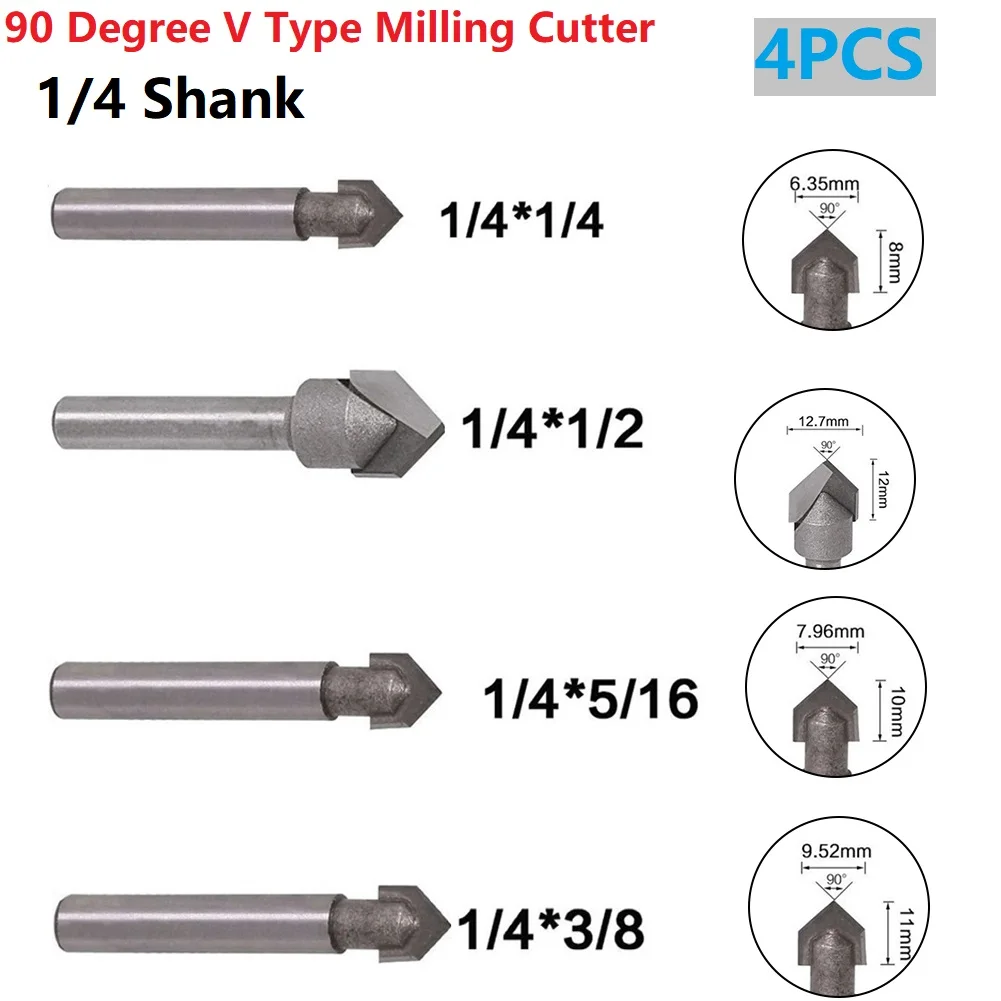 

4pcs Solid Carbide End Mill 1/4 Inch Shank 90 Degree V Groove Router Bit Set CNC Engraving Drill Bits Woodworking Milling Cutter