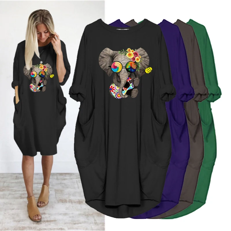 

Summer Women's Long Sleeve Dress Sukienka Loose Elephant Pocket Print Cartoon Dress Spring Autumn Dress