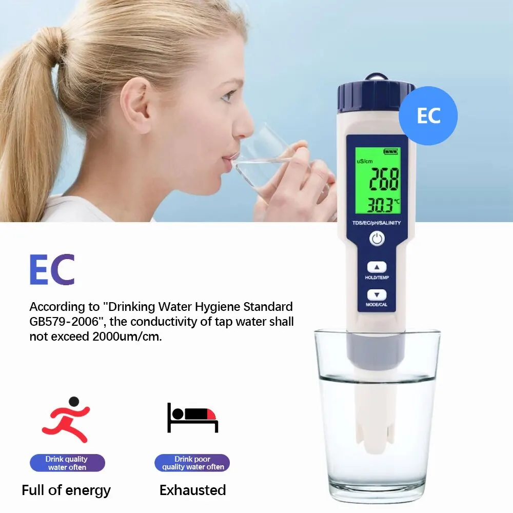 5 in 1 Water Quality Tester Digital TDS/EC/PH/Salinity/Temperature Meter for Pools Aquariums Water Quality Detector