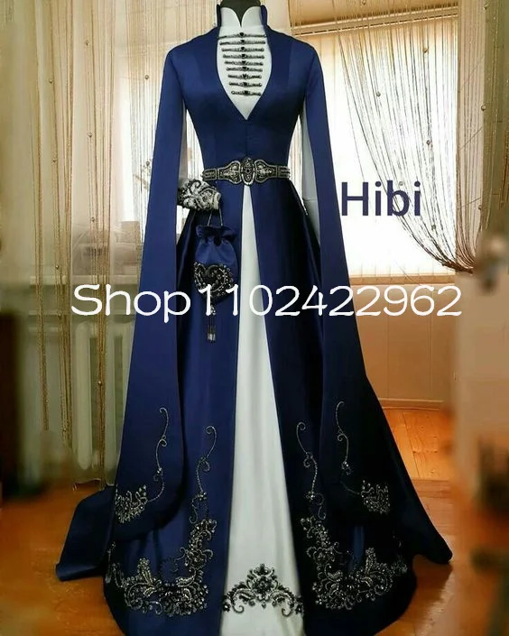 

Navy Blue White Muslim Caftan Prom Dresses with Cape Long Sleeve Gillter Beaded Embroidery High Neck Circassian Evening Gown