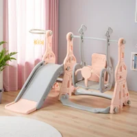 Toboggan pour enfants, toboggan intérieur/extérieur 4-en-1, aire de jeux pour enfants avec panier de basket, étagère et balançoire, pour enfants, rose, bleu 2
