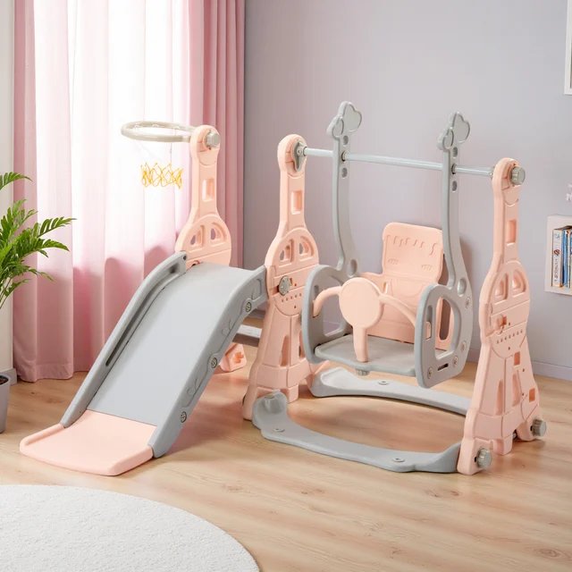 Toboggan pour enfants Rosahqnda, toboggan 4-en-1 intérieur/extérieur, aire de jeux pour enfants avec panier de basket, étagère et balançoire, pour enfants 1