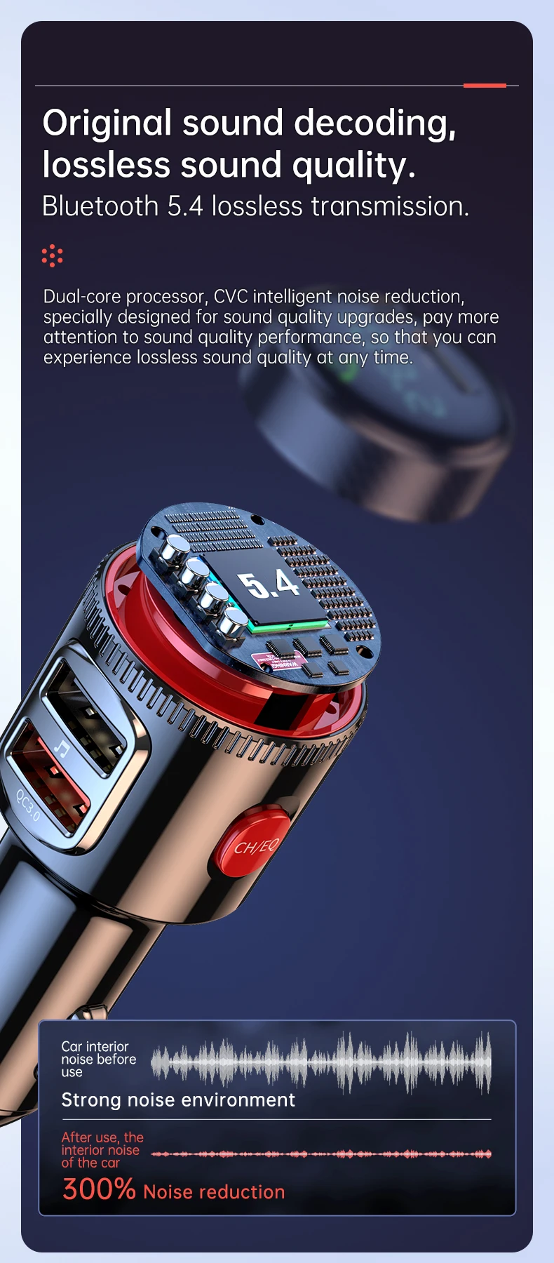 Bluetooth 5.4 Car Adapter Wireless AUX FM Transmitter USB C&QC3.0 PD 30W Fast C