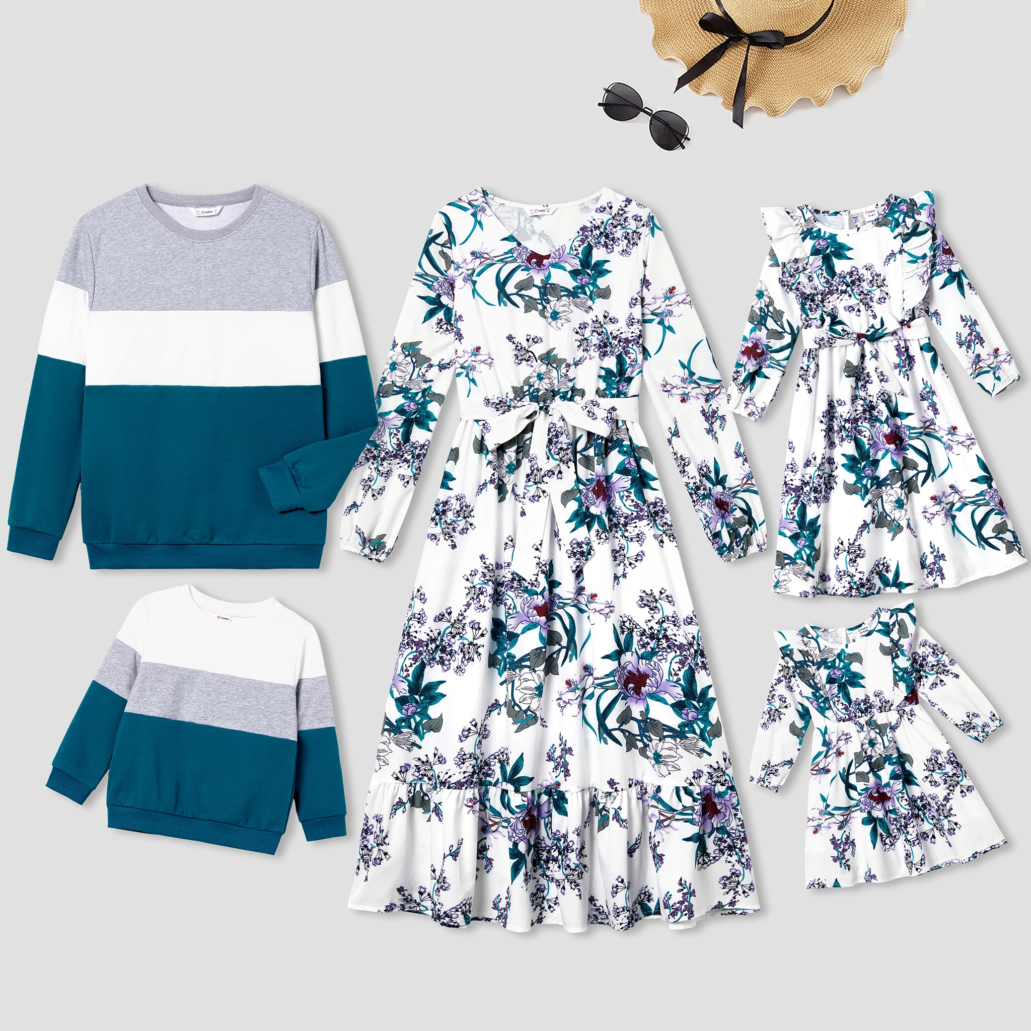 PatPat Family Matching Colorblock Long-sleeve Tops and Floral Print Long Sleeve Belted Dresses Sets