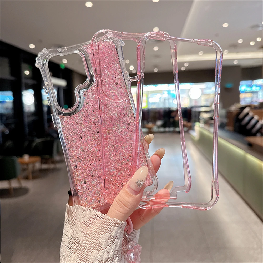 Luxury 3-in-1 Bling Glitter Shockproof Phone Case with Lens Protection and Lanyard