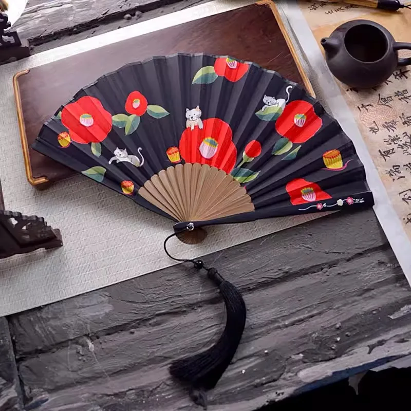 Portable Folding Fan for Women, Cute Cat Pattern, Chinese Style, Summer