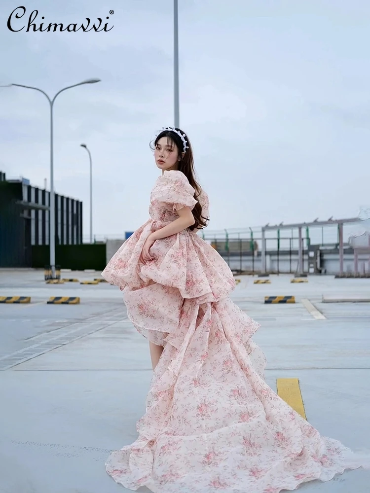 

Square Collar High Waist Puff Sleeve Printed Women Dress Summer Vacation Style Beach Dress Formal Dress Sweet Princess Dress