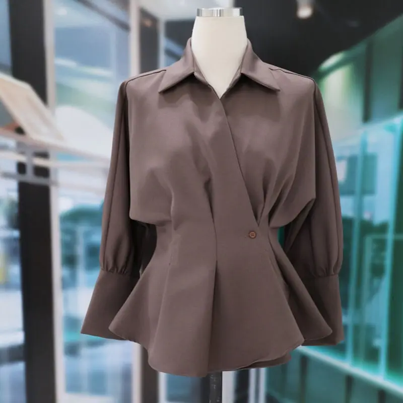 Spring and Autumn Women's Turn Down Collar Patchwork Button Solid Color Slim Cardigan Fashion Office Lady Long Sleeve Shirt