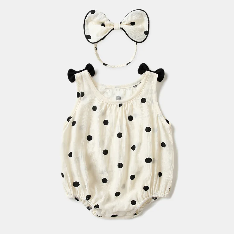

Kids Clothing for Girls Romper 2023 Summer Thin Short Sleeve Solid Color Sweet Princess Big Dot Pattern Design Casual Bowknot