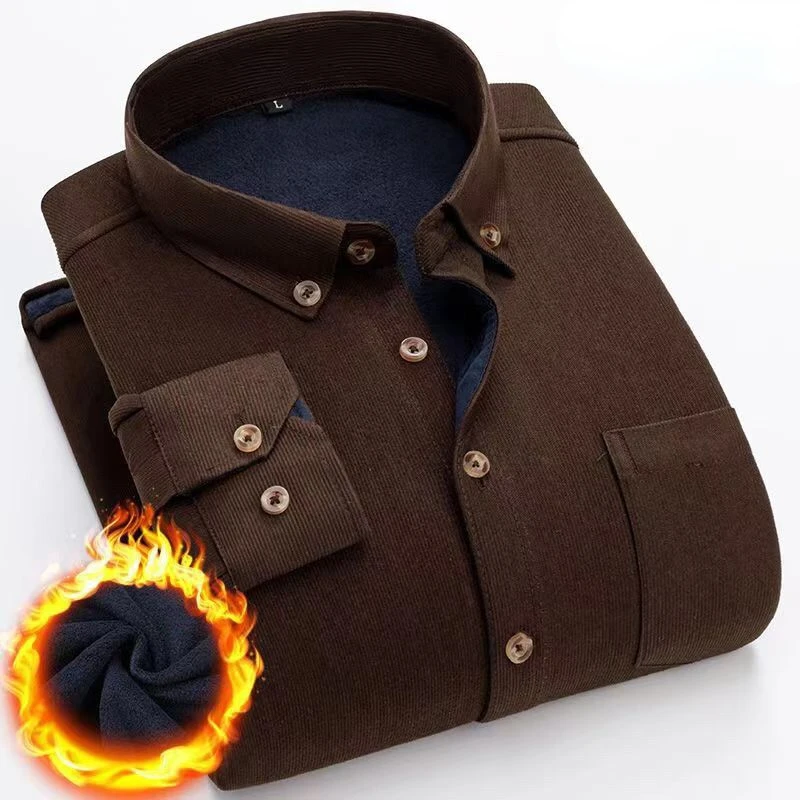 Men's Long Sleeve Vintage Cotton Corduroy Shirt Single Patch Pocket Standard-fit Button-down Collar Quality Casual Shirts C2