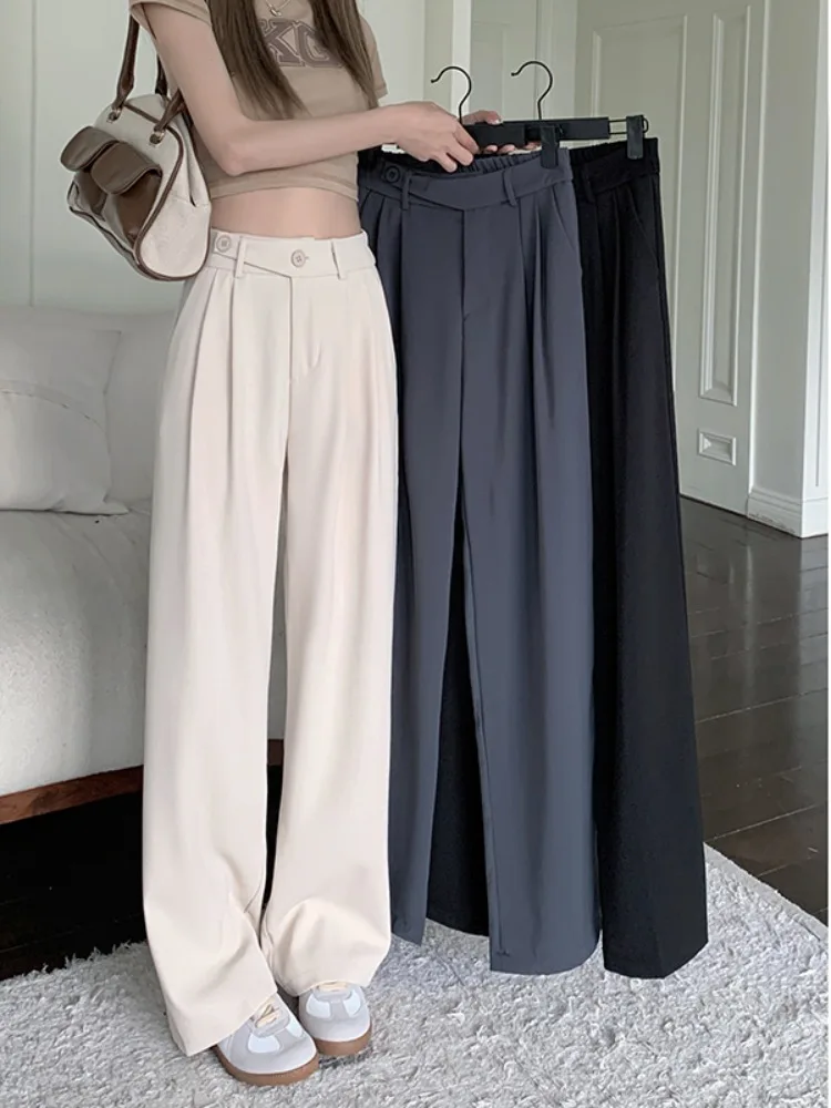 Autumn Loose Narrow Casual Wide Leg Pants New Solid Grey White Black 2023 Women's Suit Pants High Waist Pants ladies belt fashion silver color circle square buckle pu women s belts black narrow belts body wild fashion jeans female belt