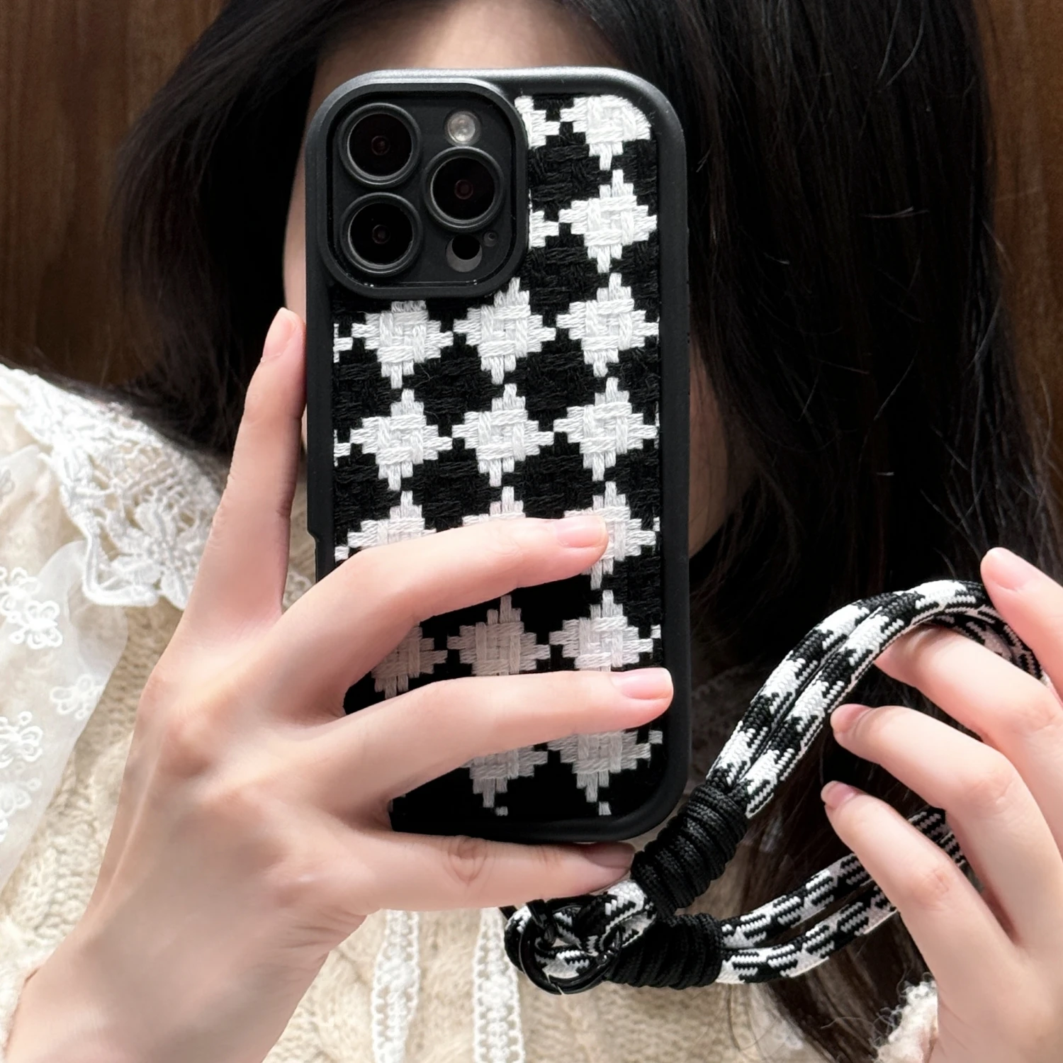 Retro Winter Woven Cloth Lattice Grid Lanyard Soft Phone Case For ...