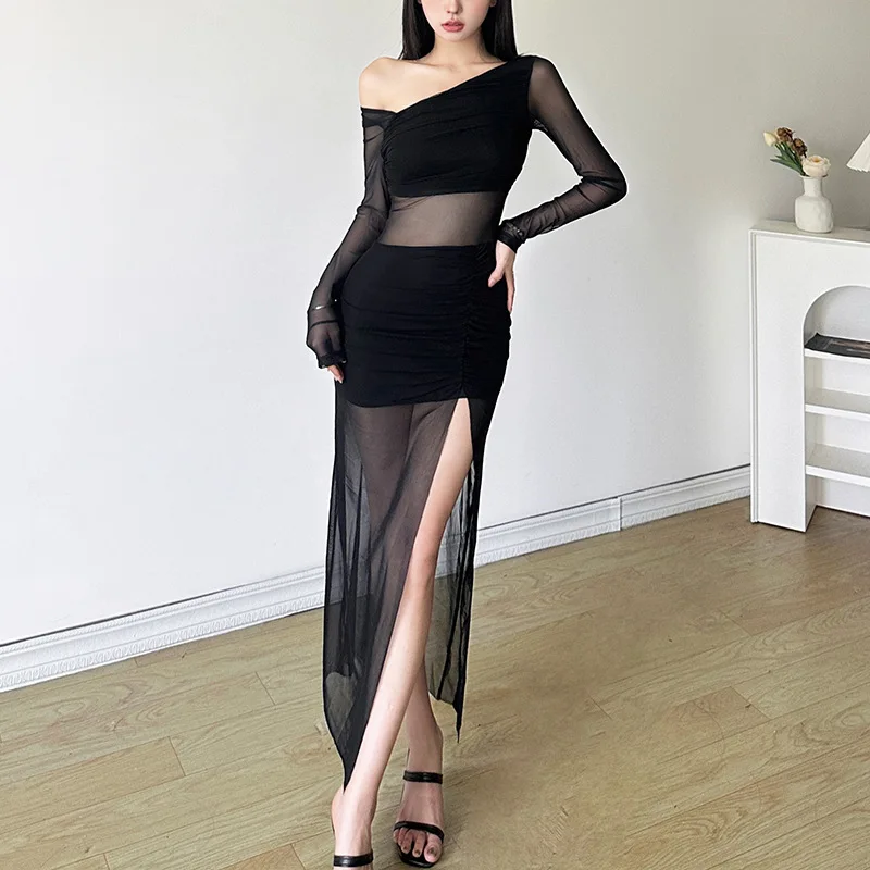Black Dresses Women Elegant Solid Color See Through Round Neck Long Sleeve Split Party Dress Club Dresses Streetwear