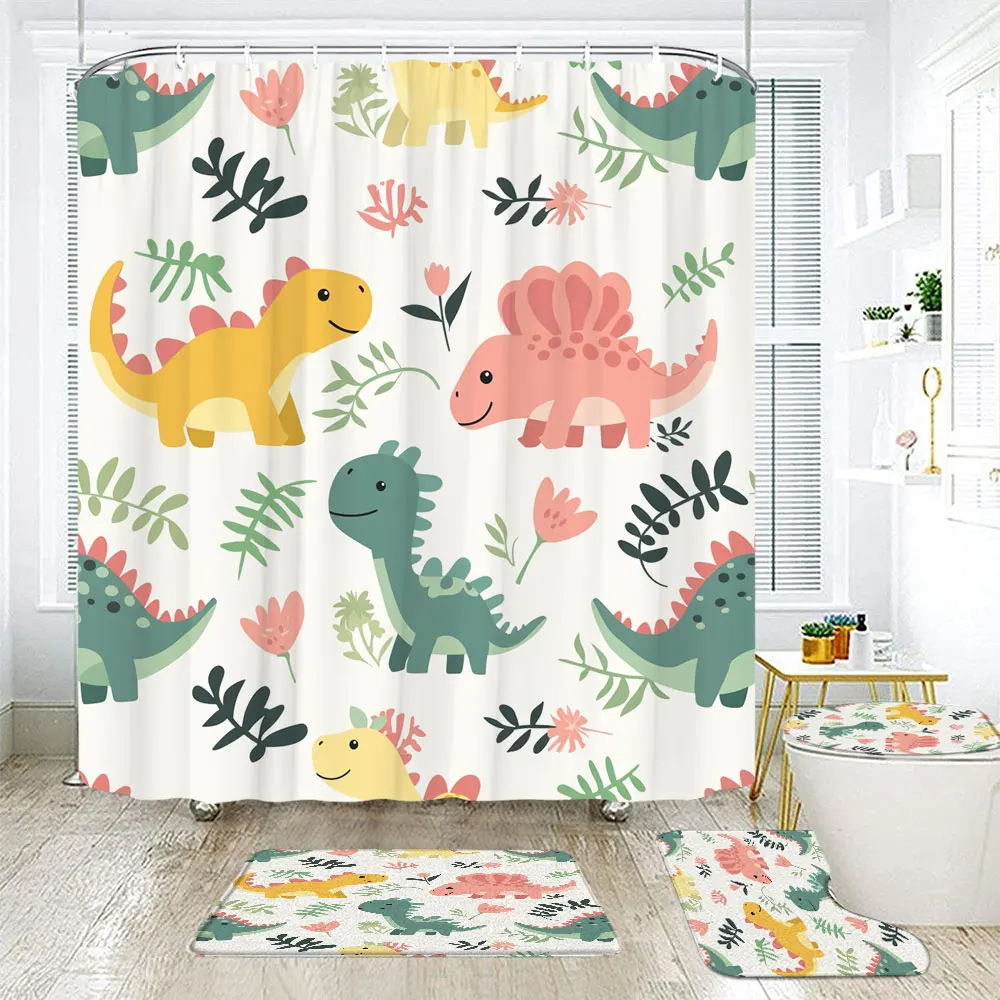 

Funny Cartoon Animals Shower Curtain and Map Set Colourful Painting Girls Room Kids Shower Curtains Bath Mat Bathroom Decoration