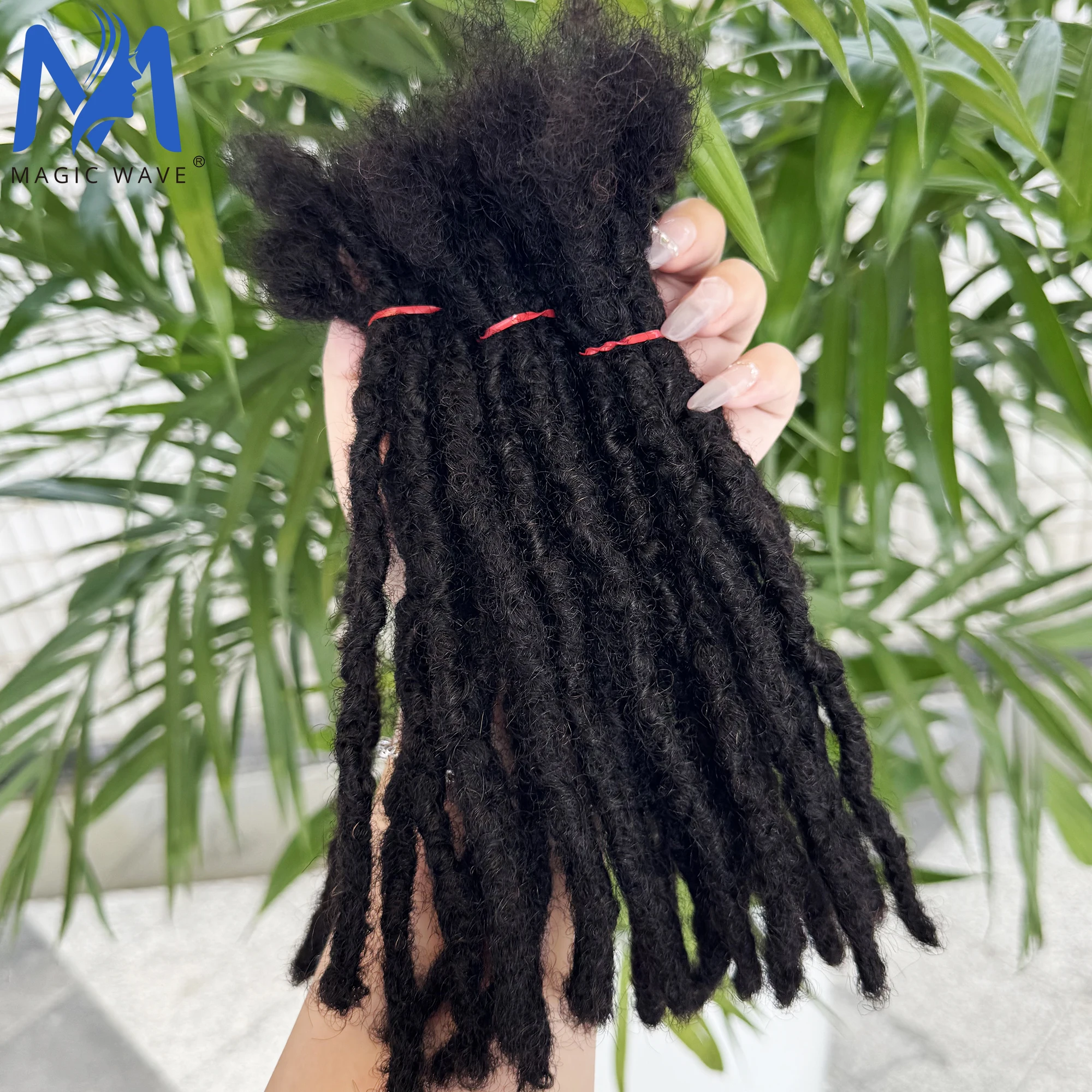 Natural color human hair dreadlock extensions displayed on a white background