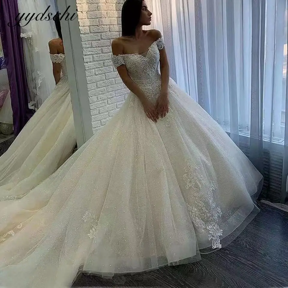 

2023 Wedding Dresses Glitter Off The Shoulder Appliques Beading For Women Bride Tulle Lace Up Court Train Elegant Bridal Gown