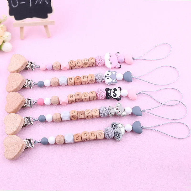 Baby Pacifier Clips Animals Chain Holder Newborns Teething Soother Chew Dummy Handmade Beech Wooden Beads Chains Infant Toy Gift