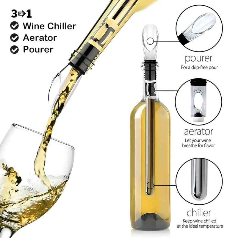 Wine Chiller Stick, Wine Cooling Stick, Cooling 3-In-1 Stainless Steel Cooler Stick With Nozzle