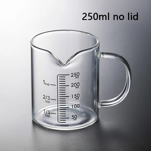 Goeielewe, misurino in vetro con coperchio, tazza graduata con manico, in vetro borosilicato a forma di V, adatta al microonde per cottura (1 tazza/250 ml