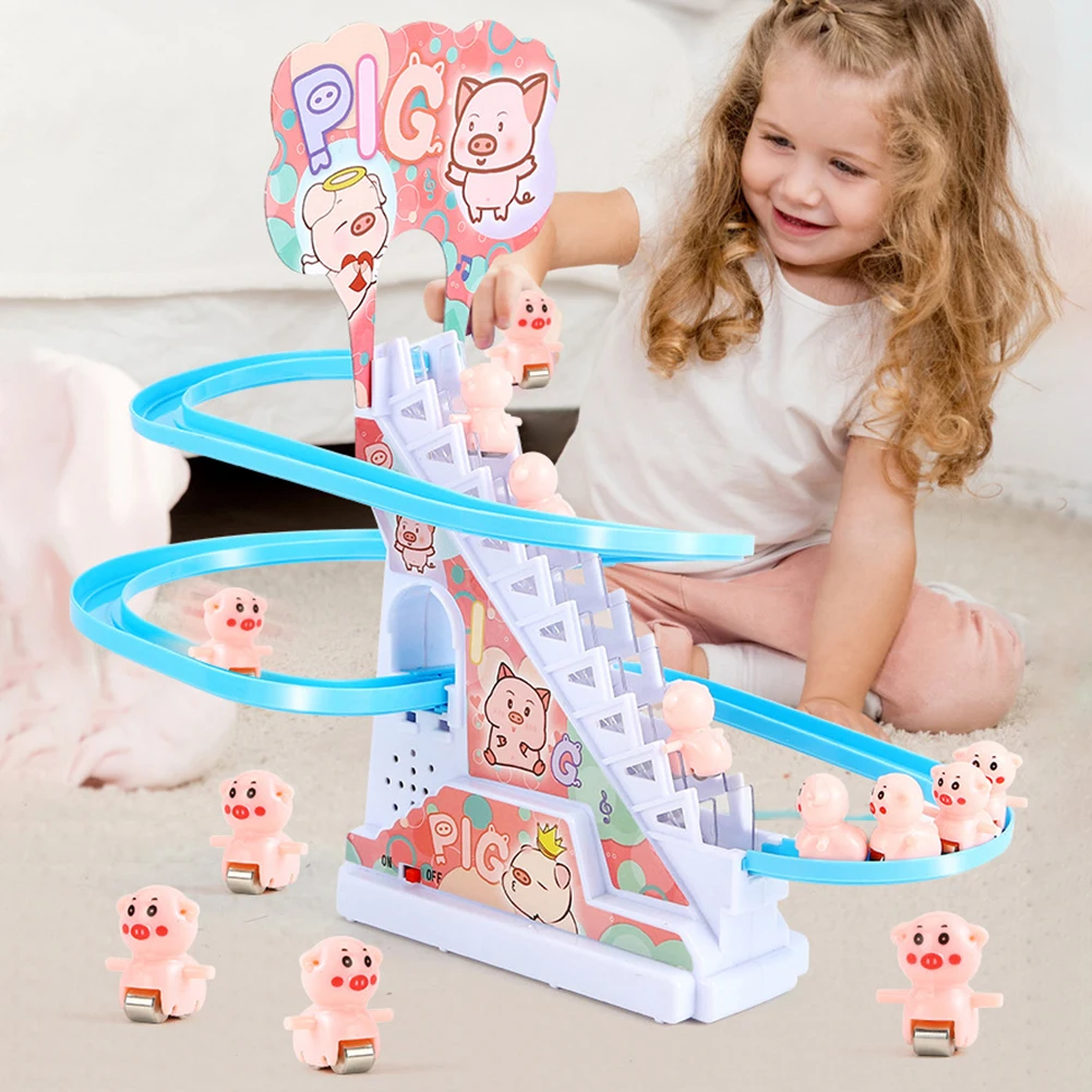 Let your child’s imagination take flight with this fun-filled stair-climbing roller coaster toy set – a perfect blend of entertainment and early learning for curious young minds. Designed with interactive elements, colorful tracks, and adorable animal characters, this toy offers hours of engagement while supporting vital developmental skills.  🎢 Engaging Track & Climbing Design This unique toy set features a mini roller coaster-style track where cute animals like ducks, pigs, dinosaurs, or penguins climb stairs on their own using a built-in electric mechanism. Children will be mesmerized watching their favorite animal characters make their way up and glide back down the spiral track over and over again.  🧠 Educational Benefits Assembly-Based Learning: The toy arrives in an easy-to-assemble format, allowing children and parents to build it together, enhancing logical thinking and hands-on ability.  STEM Concepts Through Play: The moving track and climbing mechanism give kids a playful introduction to motion, gravity, and cause-and-effect.  Color & Animal Recognition: Bright colors and a choice of four animal designs (Duck, Pig, Dinosaur, Penguin) support early learning of animals and colors.  Motor Skill Development: Grabbing, pressing, and tracking the moving parts help improve hand-eye coordination and fine motor skills.  🧩 Features: Powered by batteries for automatic stair-climbing action  Made from safe, non-toxic ABS plastic  Compact and durable design for home or travel play  Available in multiple set sizes: 3PCS, 5PCS, 10PCS, 20PCS, or 30PCS  Ideal for children aged 3 years and up  🎁 Perfect Gift Idea Whether for birthdays, holidays, or simply to spark joy during playtime, this fun and educational toy makes a great gift for both boys and girls. It’s an excellent way for parents and children to bond, explore, and learn together through play.
