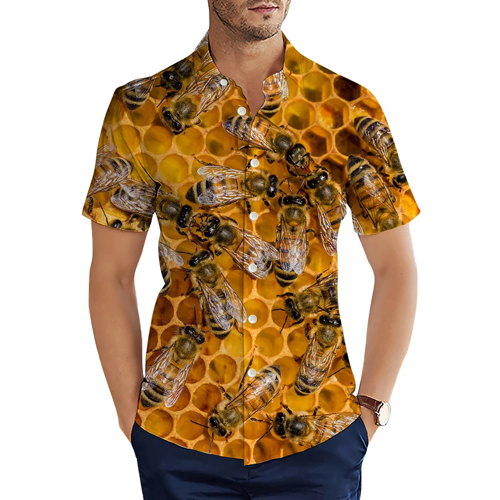 

CLOOCL Men Shirts 3D Pattern Bee Honey Printed Blouse Summer Short Sleeve Lapel Male Hawaiian Shirts Fashion Cozy Tops