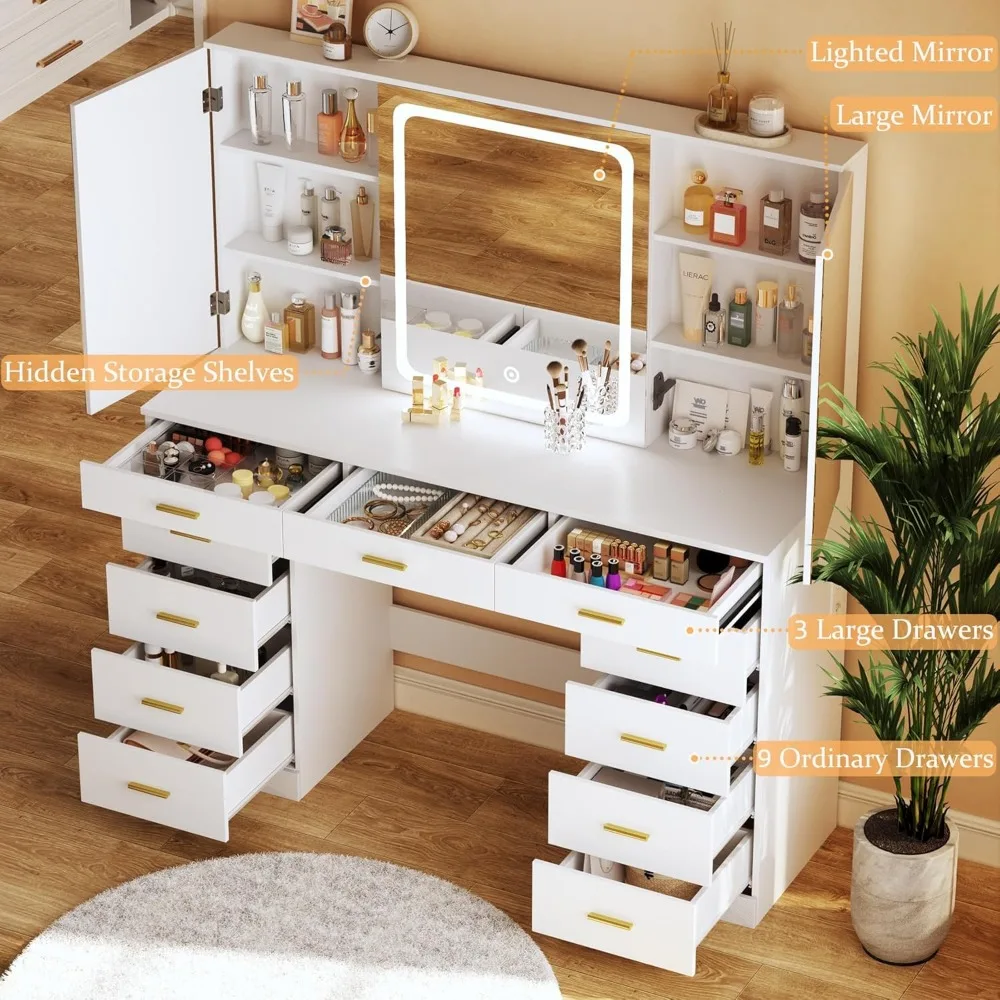 Vanity Desk with Mirror and Lights,47.2",Vanity with 11Storage Drawers and Hidden Storage Shelves,with Charging Stations & 3 LED 5