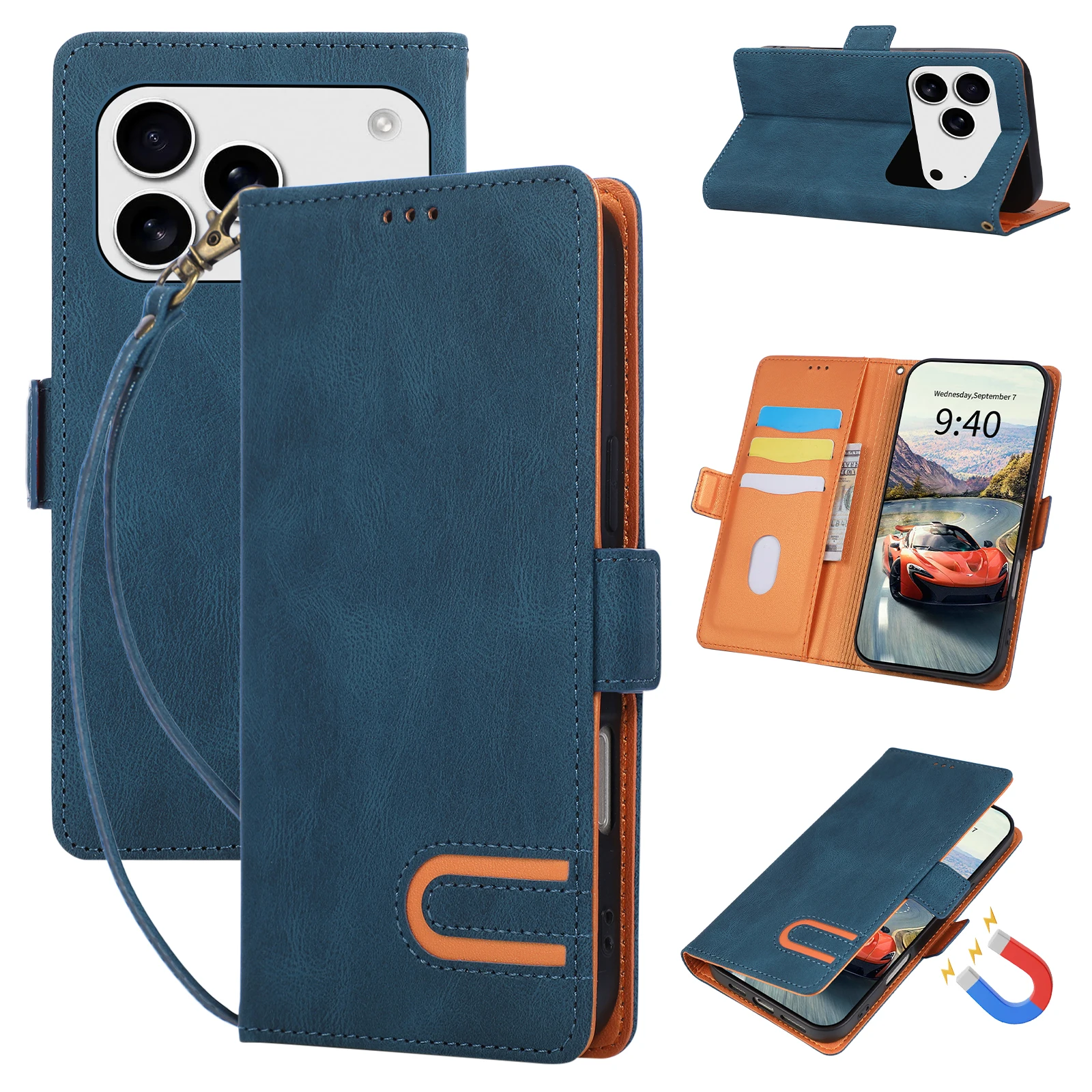 Leather U-Shaped Lanyard Wallet Phone Case with Shockproof Wrist Flip Cover and Card Slots