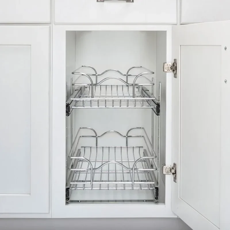 2-Tier Kitchen Cabinet Pull Out Shelf Drawer Organizer Slide Out Pantry Storage Basket Multiple Sizes