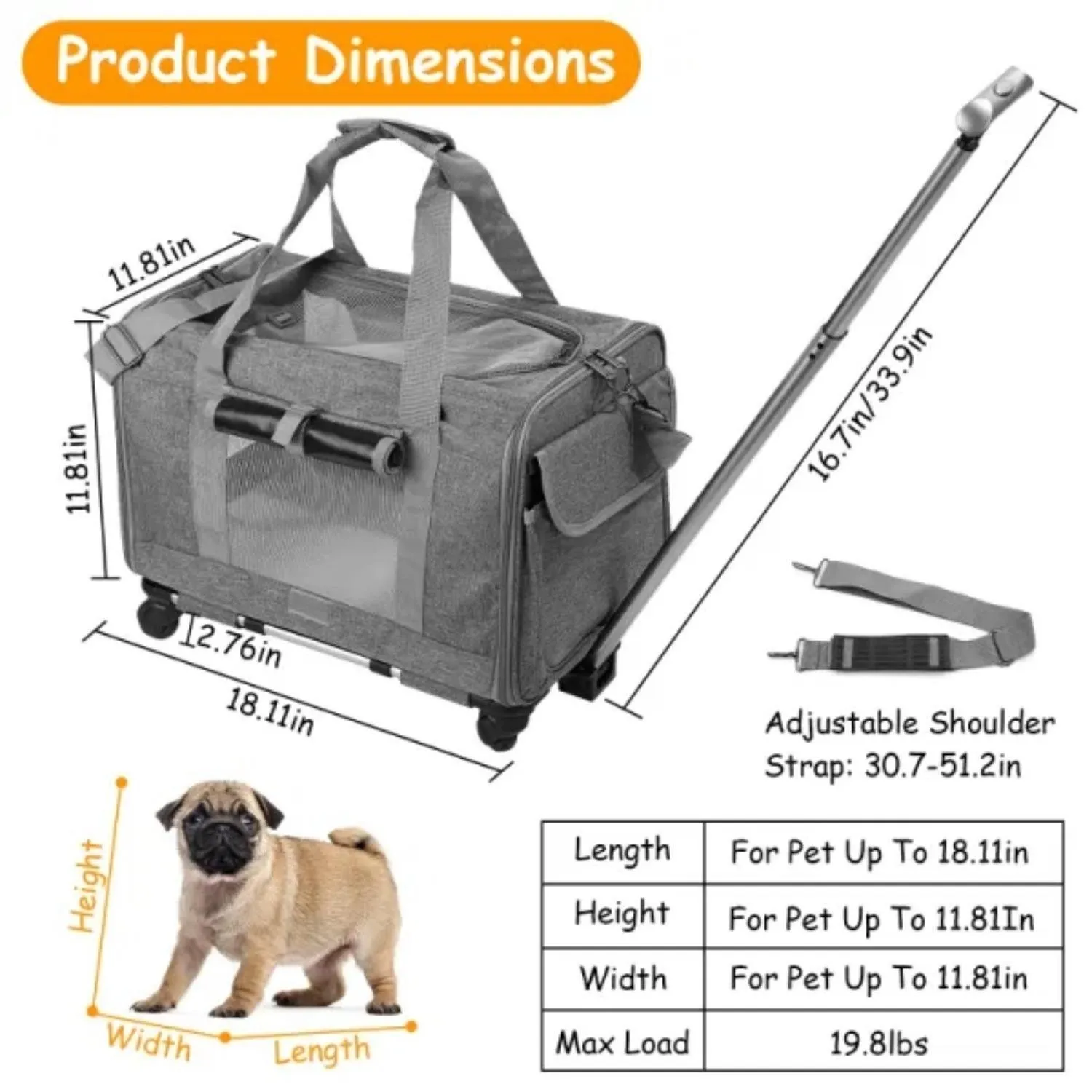Double-Compartment Pet Rolling Carrier Cat Dog Rolling Carrier with Detachable Wheels Telescopic Handle Adjustable Shoulder Stra