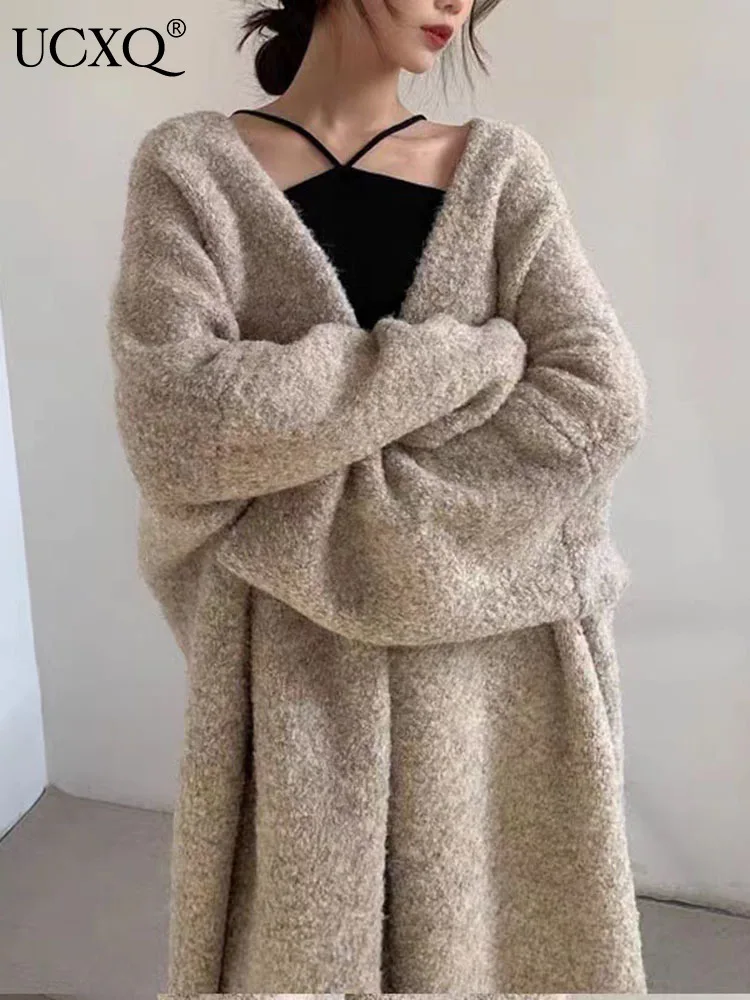 

UCXQ Vintage Plush Thick Warm Mid Long Knitted Cardigan Sweater Casual Loose Long Sleeve Knitwear Tops Autumn 2023 New 23A4873