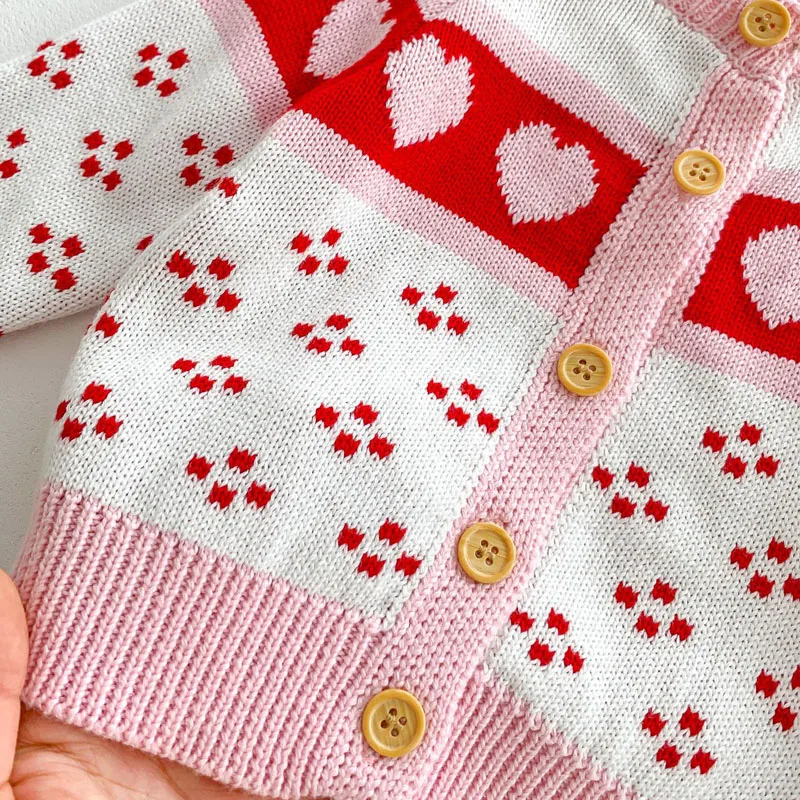 2023 Autumn Newborn Baby Girl Knitwear Clothes 0-3Years Kids Long Sleeve Heart Pattern Sweater Cardigan Knitted Romper Outwear